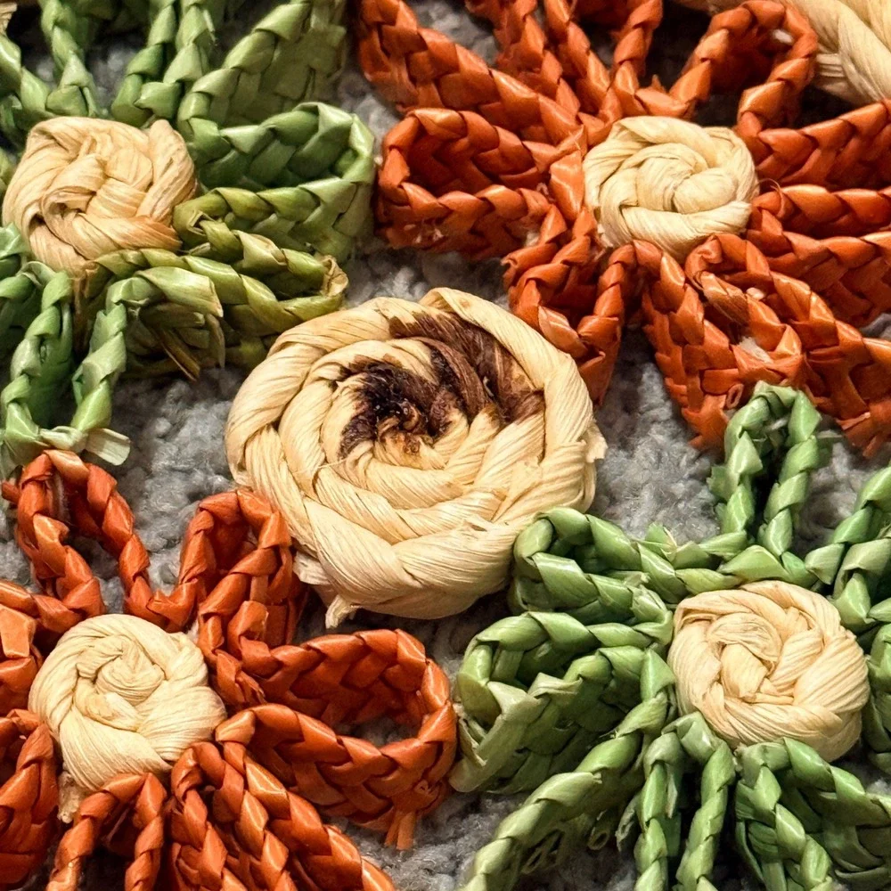 Vintage Woven Straw Trivets Boho Floral Raffia Pot Mats Multi 8x6 7in Set of 3